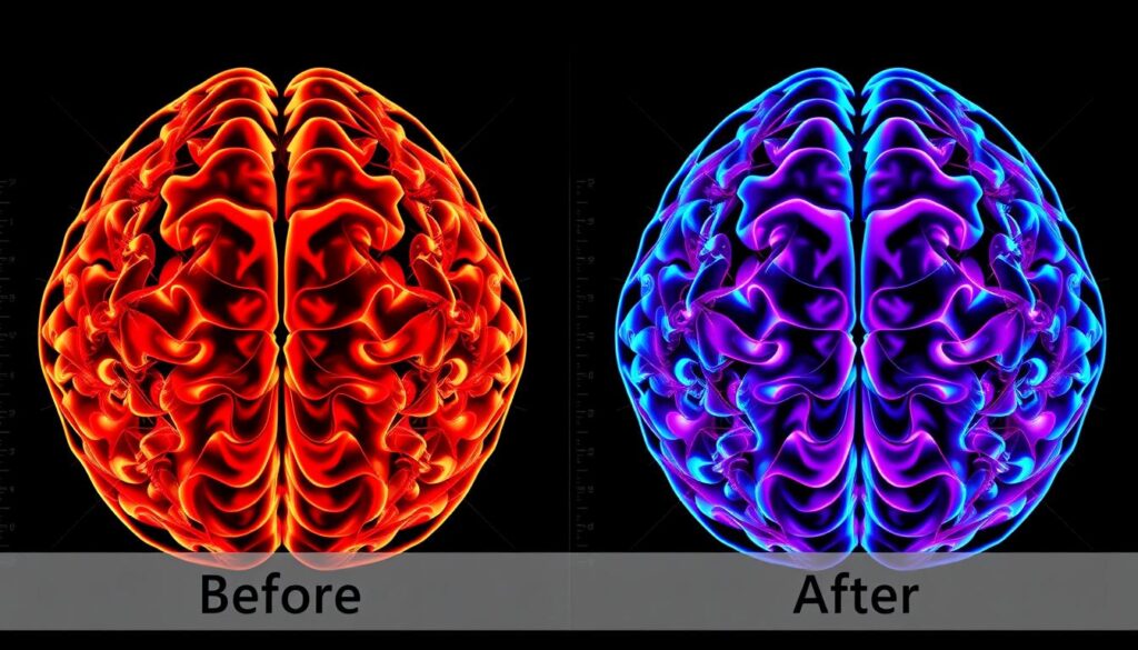 Before and after brain scans showing improved neural coherence Before and after brain scans showing improved neural coherence