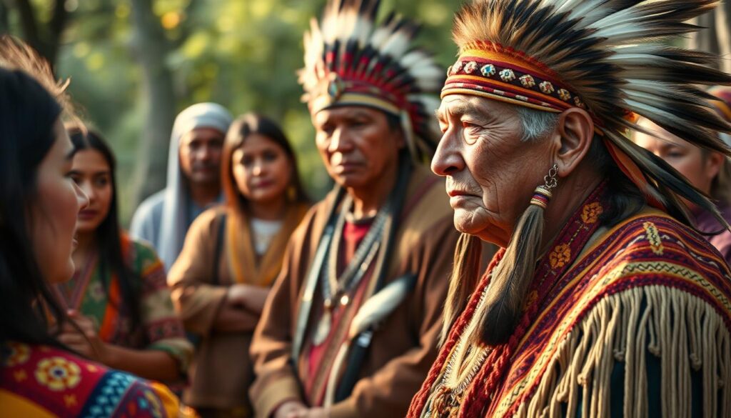 Contemporary Native American elder sharing wisdom