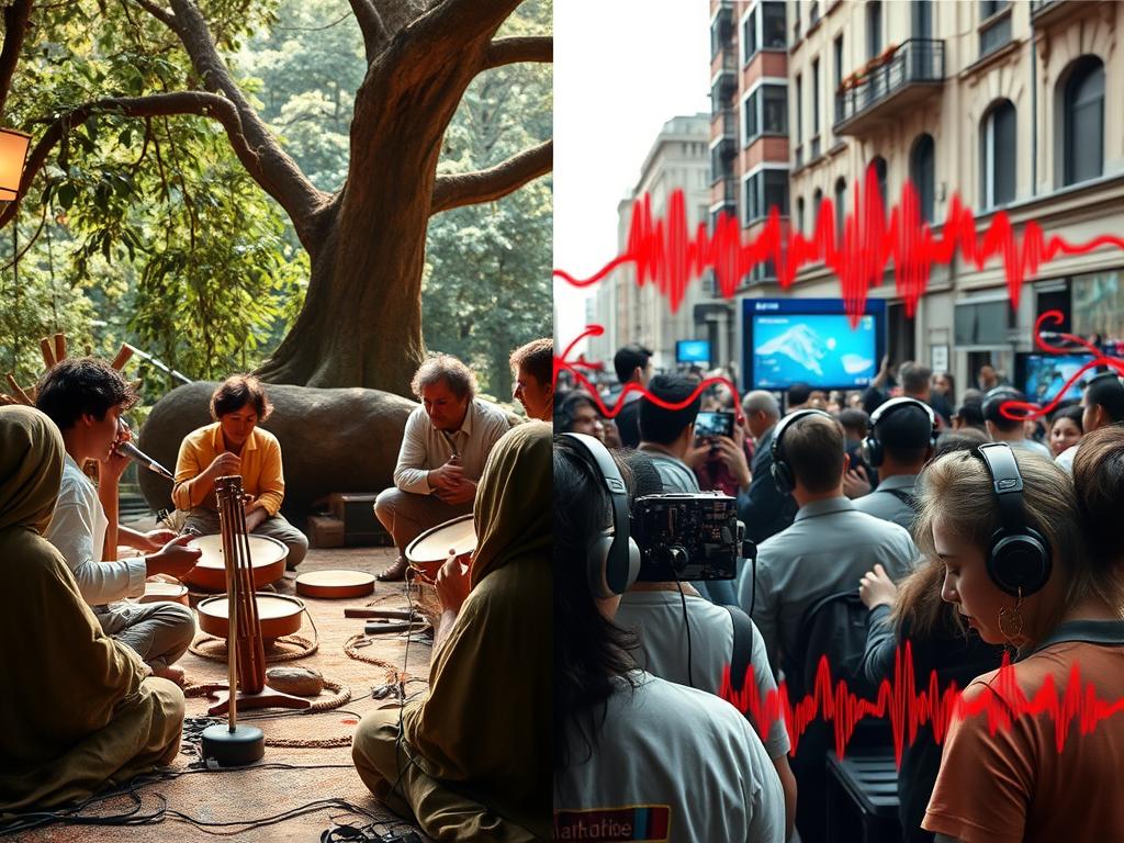 Contrast between ancient sound healing and modern technological noise pollution Contrast between ancient sound healing and modern technological noise pollution