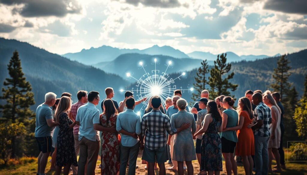 Group of people in nature creating a frequency restoration circle Group of people in nature creating a frequency restoration circle