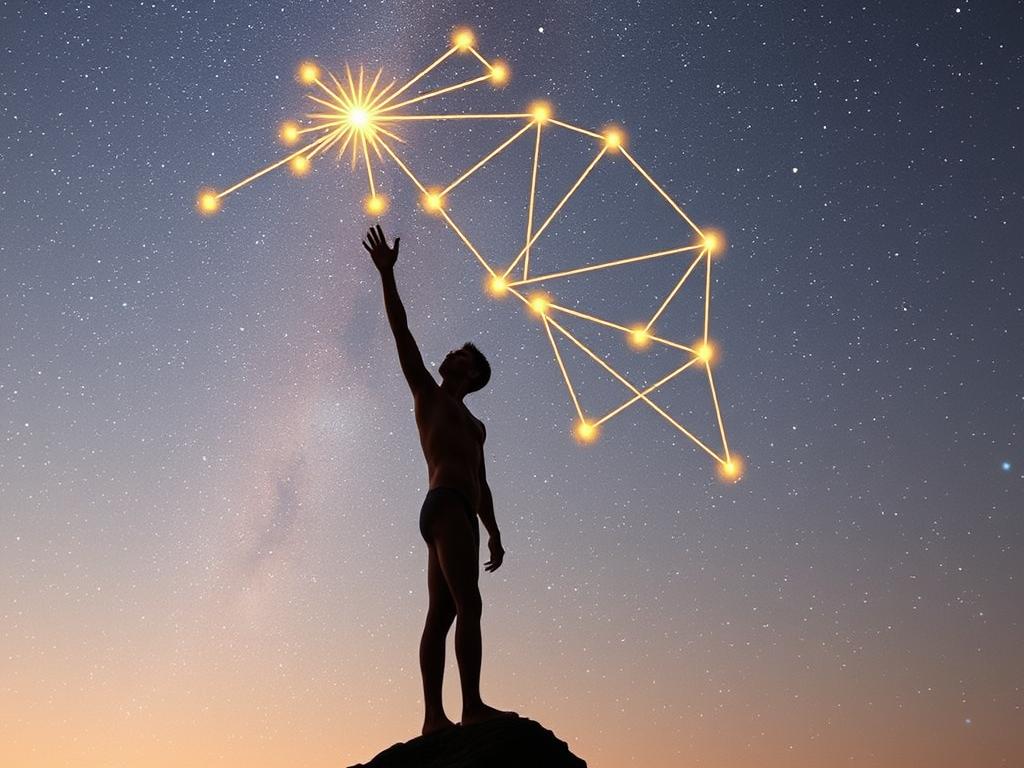 Human figure connecting personal life events as stars forming a unique constellation