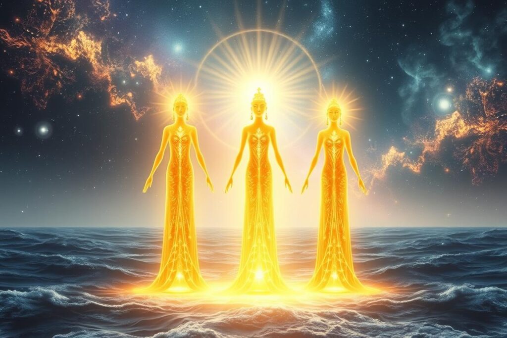 Luminous beings standing at dimensional thresholds with light emanating outward
