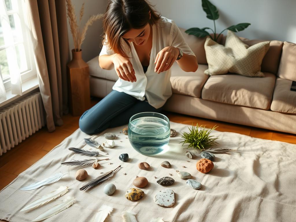 Modern person creating a personal medicine wheel altar