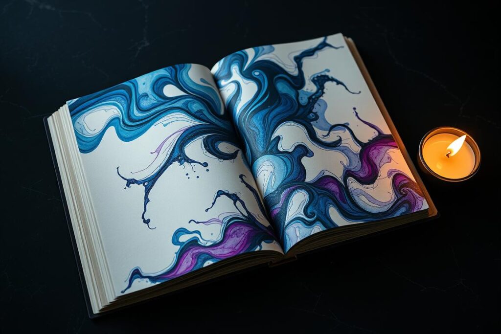 Open journal with flowing ink patterns representing uncertainty journaling in Void Alchemy Open journal with flowing ink patterns representing uncertainty journaling in Void Alchemy