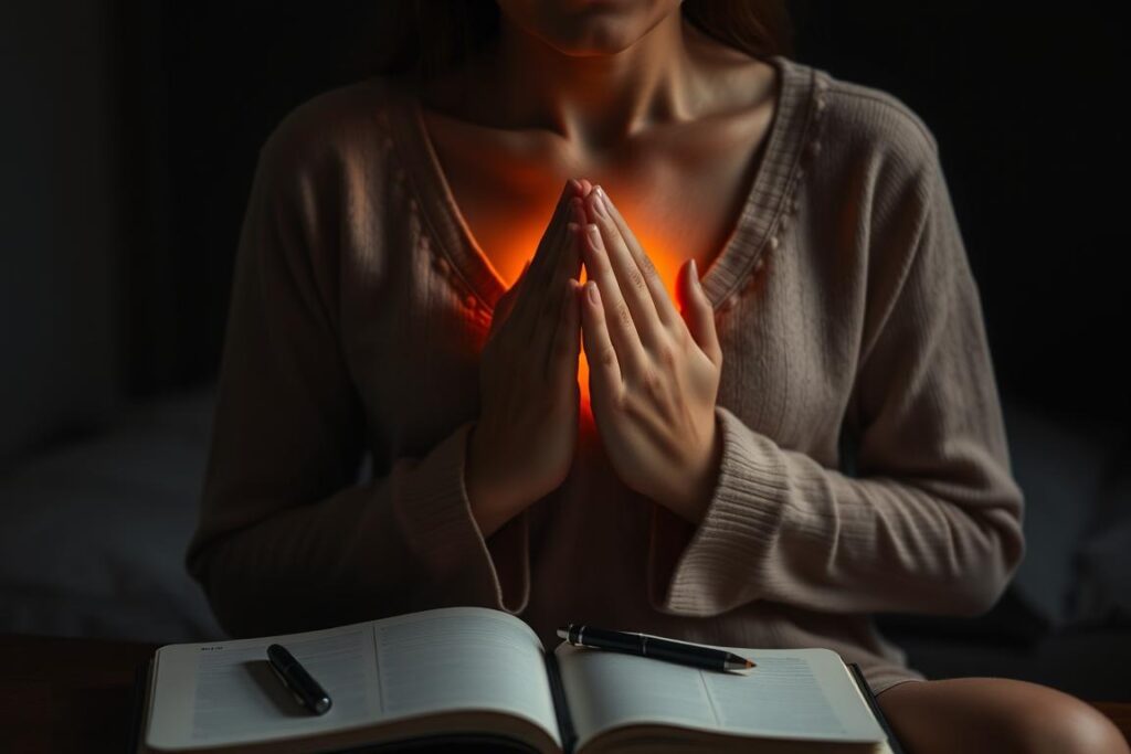 Person closing the invocation ritual with hands in prayer position and golden light fading