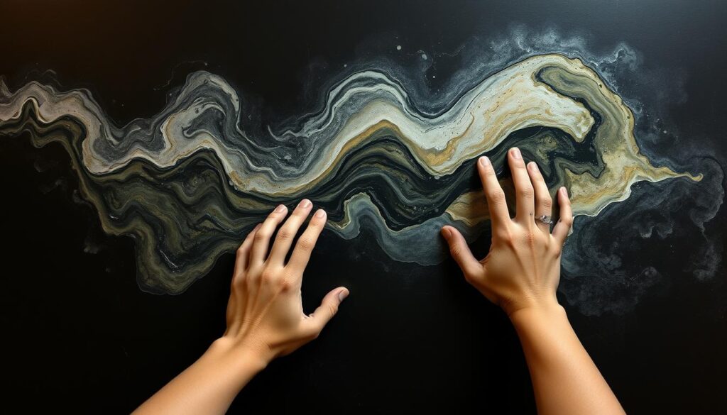 Person engaged in intuitive art creation with abstract forms emerging from a dark background Person engaged in intuitive art creation with abstract forms emerging from a dark background