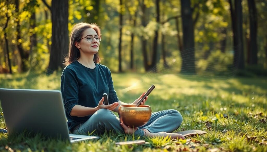 Person experiencing digital detox while using sound healing tools in nature Person experiencing digital detox while using sound healing tools in nature