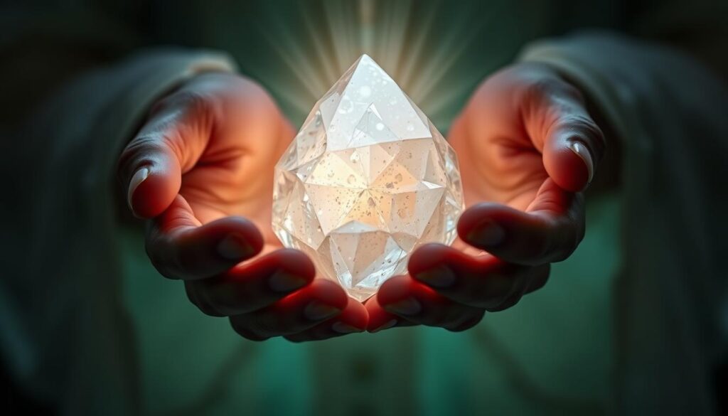 Person holding Andara crystal with visible energy connection Person holding Andara crystal with visible energy connection