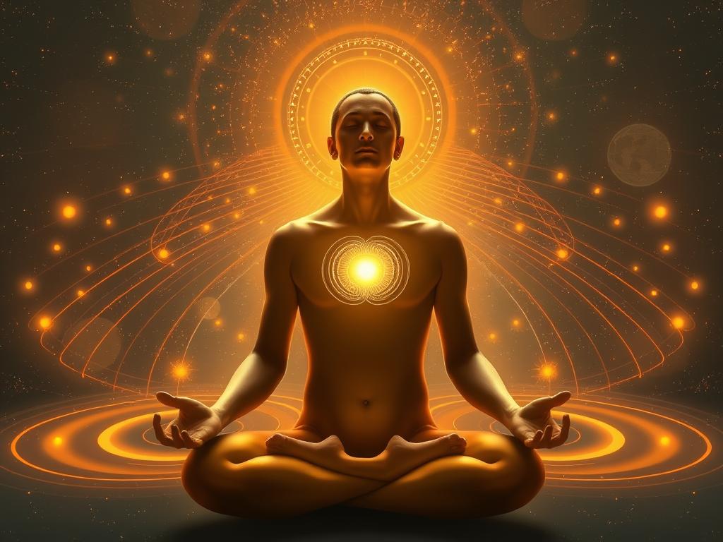 Person in meditation with visible resonance waves emanating outward