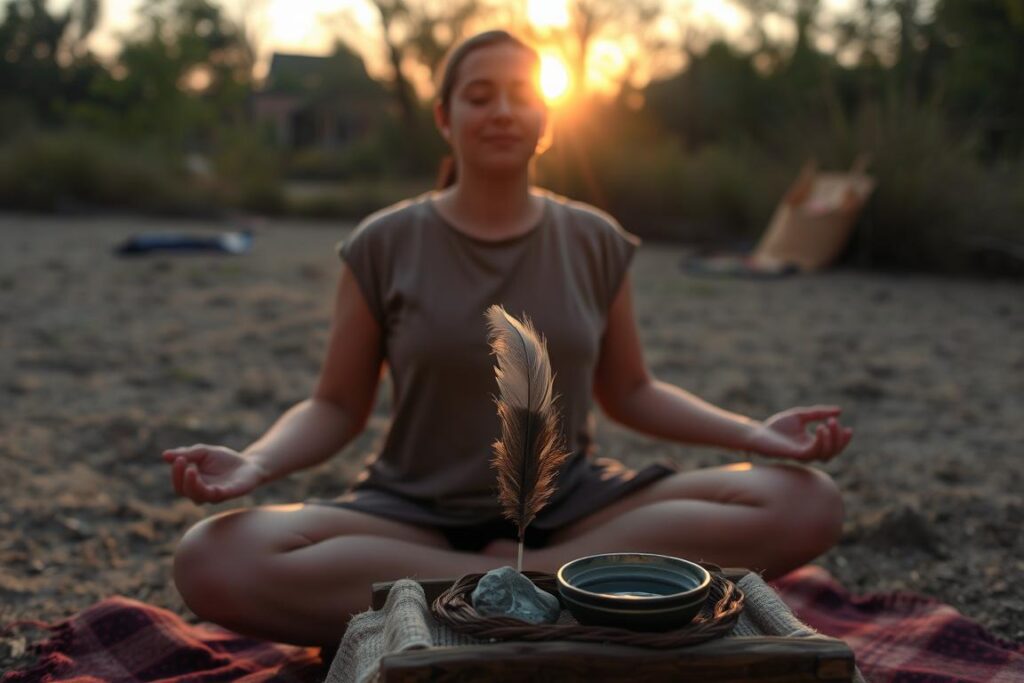Person meditating at dawn during spirit name ritual