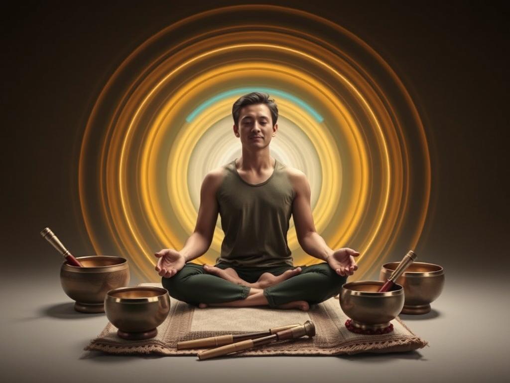 Person meditating surrounded by sound waves and singing bowls Person meditating surrounded by sound waves and singing bowls