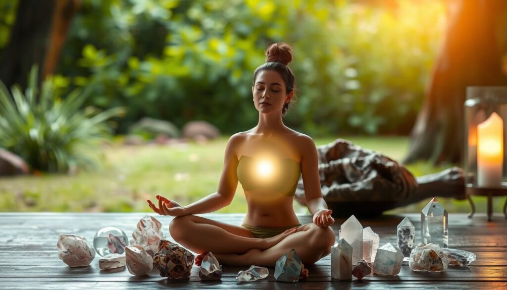 Person meditating with Andara crystals showing energy field activation Person meditating with Andara crystals showing energy field activation