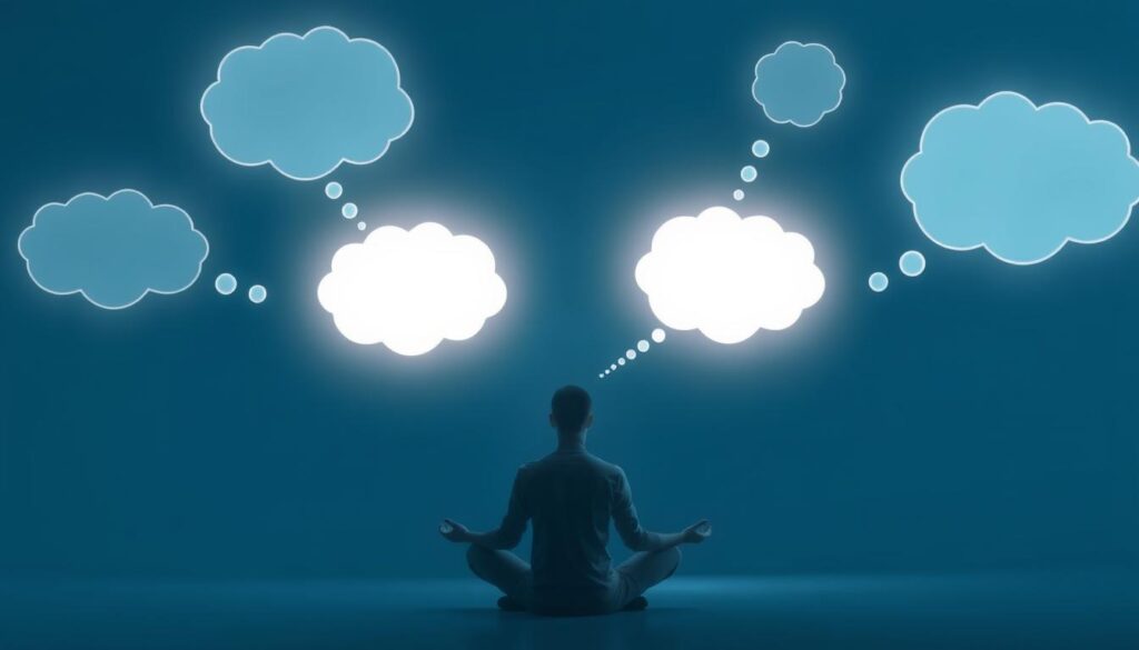 Person meditating with focus on the space between thoughts, illustrated with gaps between thought bubbles Person meditating with focus on the space between thoughts, illustrated with gaps between thought bubbles