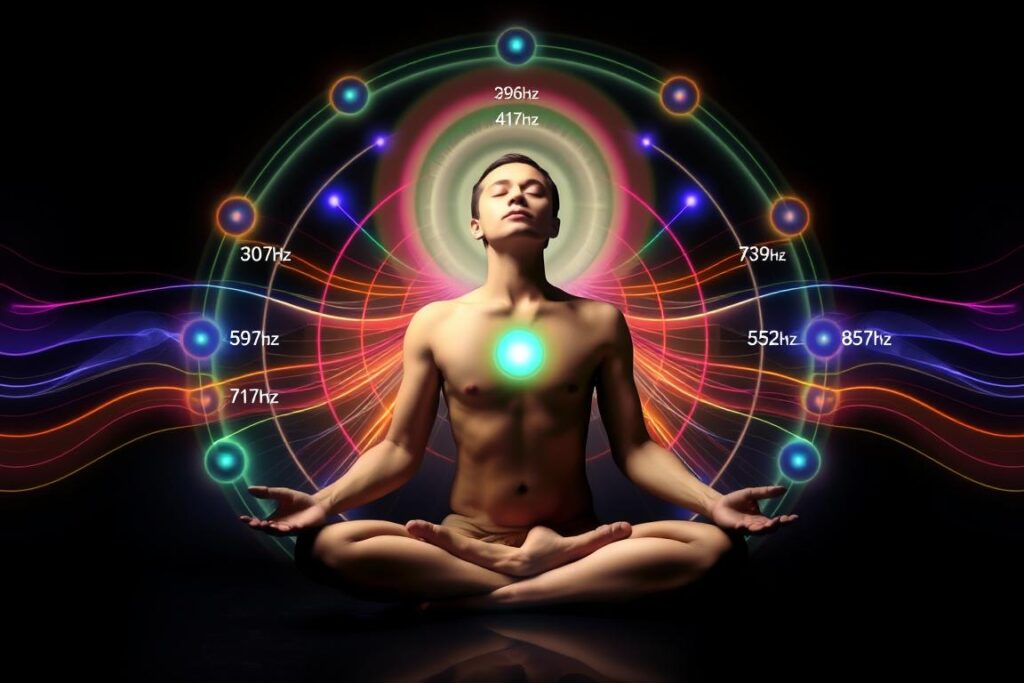 Person meditating with solfeggio frequencies visualized as colored energy patterns Person meditating with solfeggio frequencies visualized as colored energy patterns