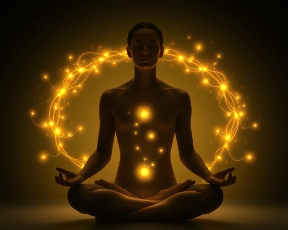 Person meditating with visible energy currents flowing around them