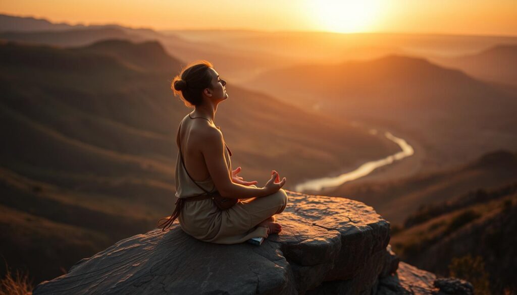 Person performing ancestral memory meditation in nature