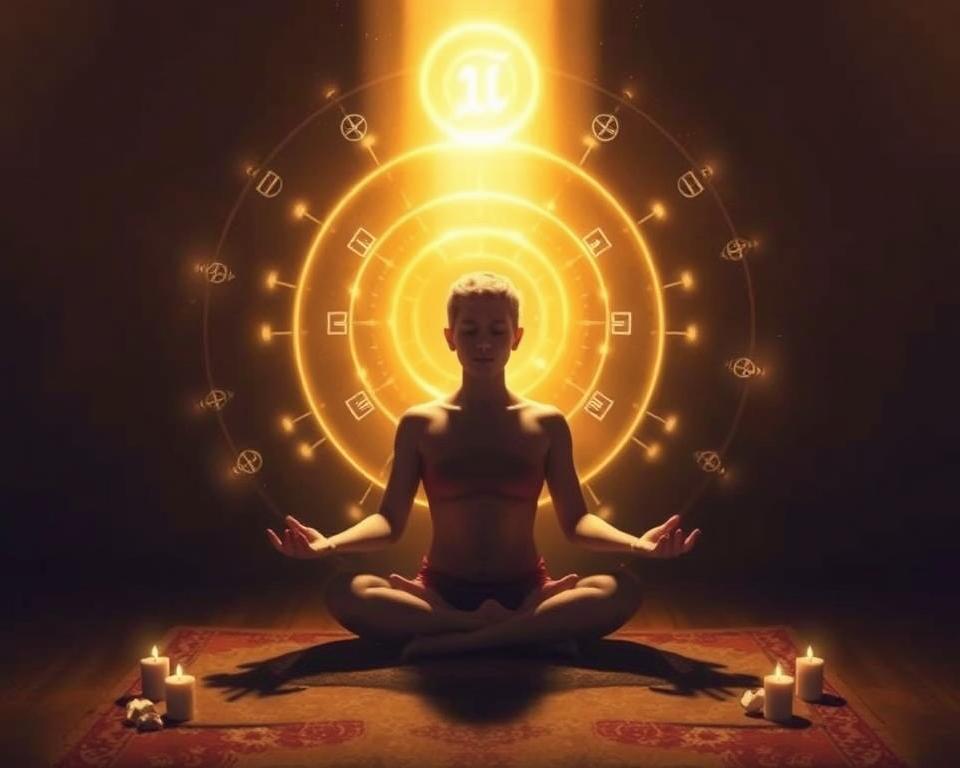 Person performing the Wayfinders' Invocation ritual with golden light surrounding them