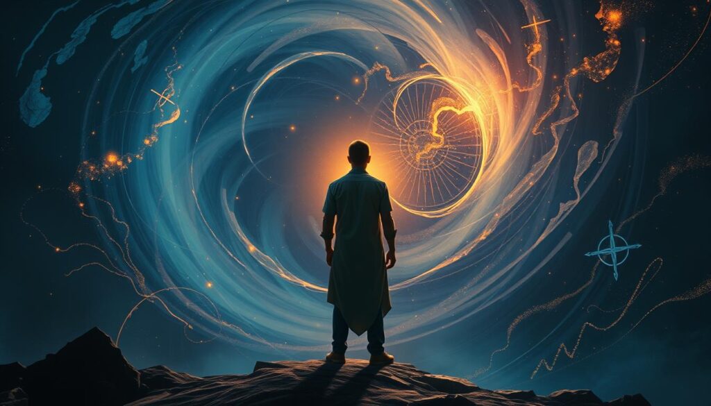 Person standing at the threshold of a void with alchemical symbols, representing the journey of Void Alchemy Person standing at the threshold of a void with alchemical symbols, representing the journey of Void Alchemy
