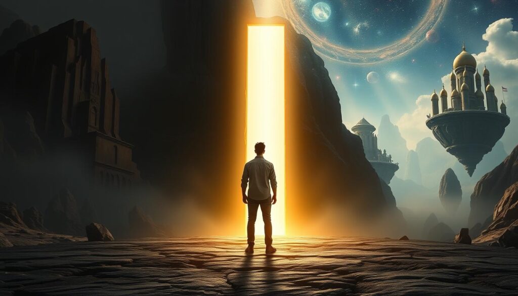 Person standing before a glowing threshold between two different landscapes