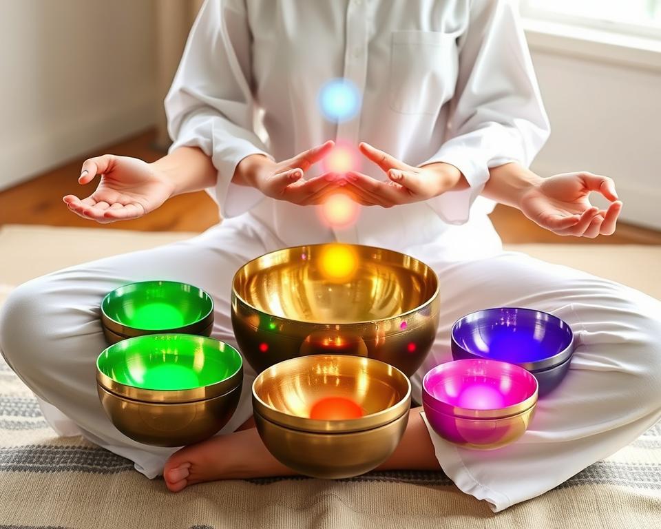Person using crystal singing bowls to generate forgotten frequencies Person using crystal singing bowls to generate forgotten frequencies