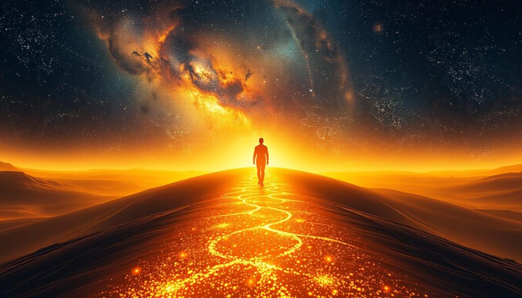 Person walking on a path of light through a cosmic landscape, becoming luminous themselves