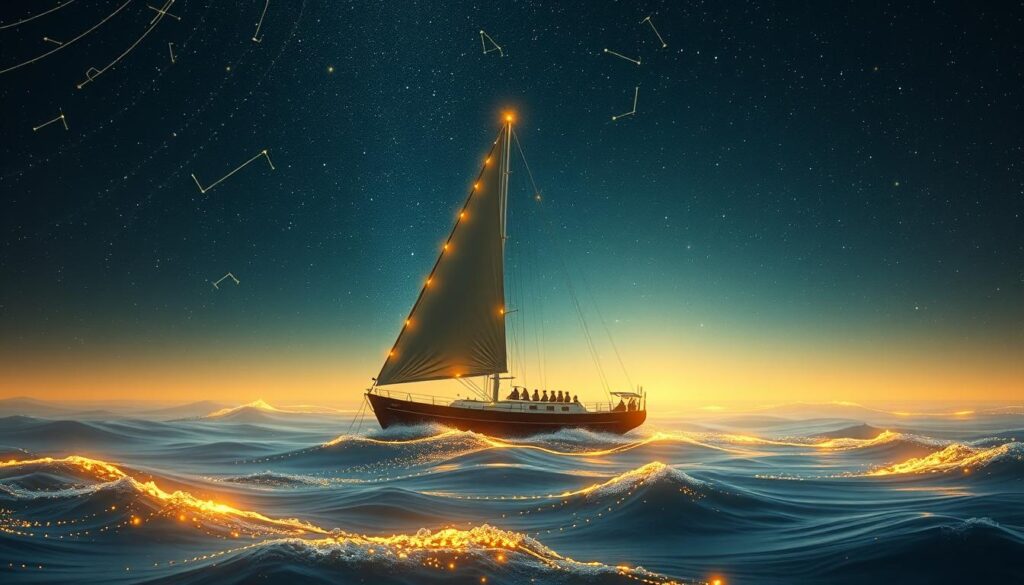 Sailboat navigating through a cosmic ocean with celestial navigation points