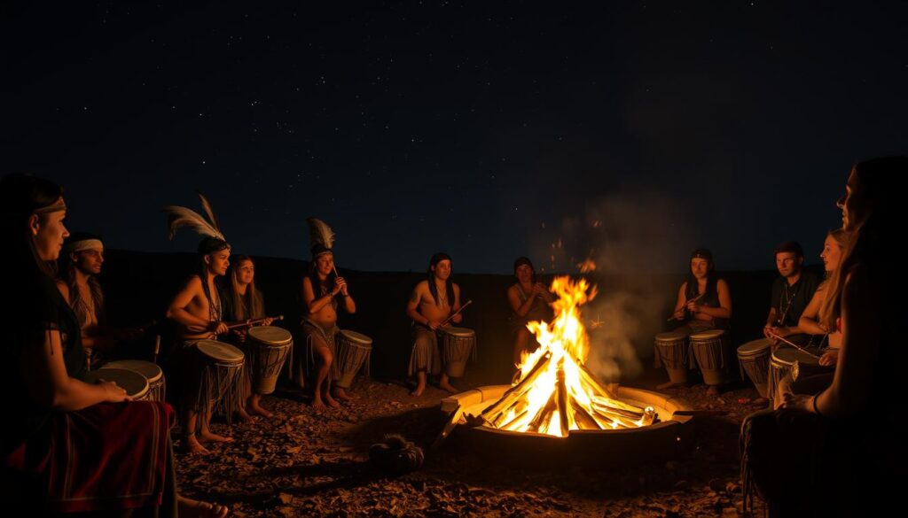 Shamanic dreamwalking ceremony with drums and sacred objects