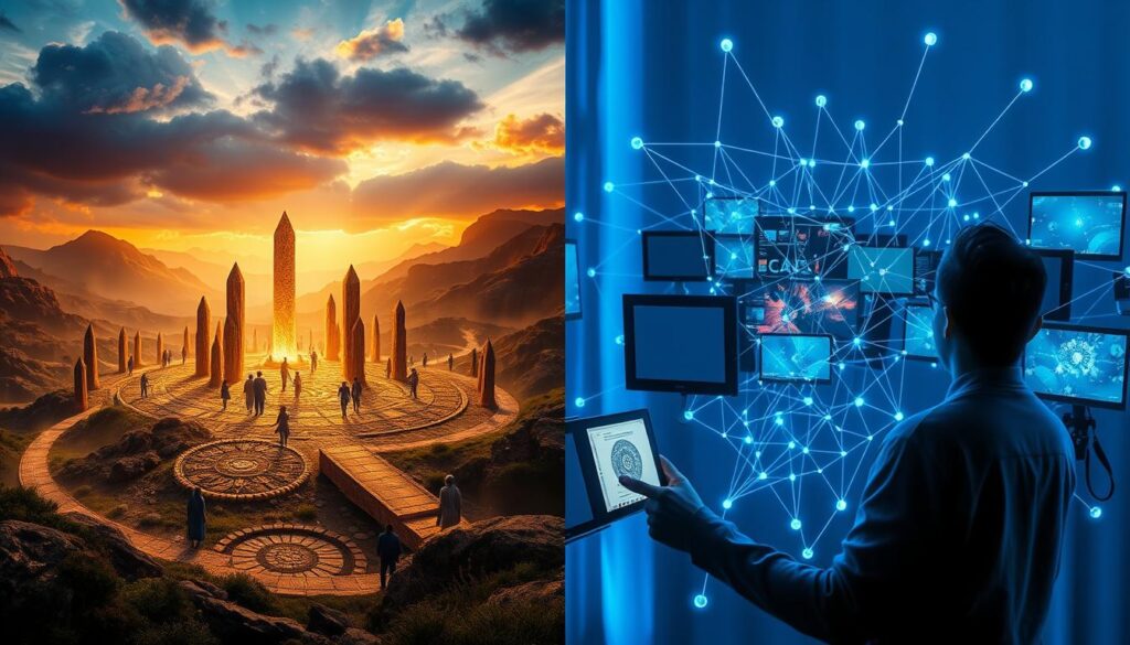 Split image comparing Lemurian harmony to digital fragmentation Split image comparing Lemurian harmony to digital fragmentation
