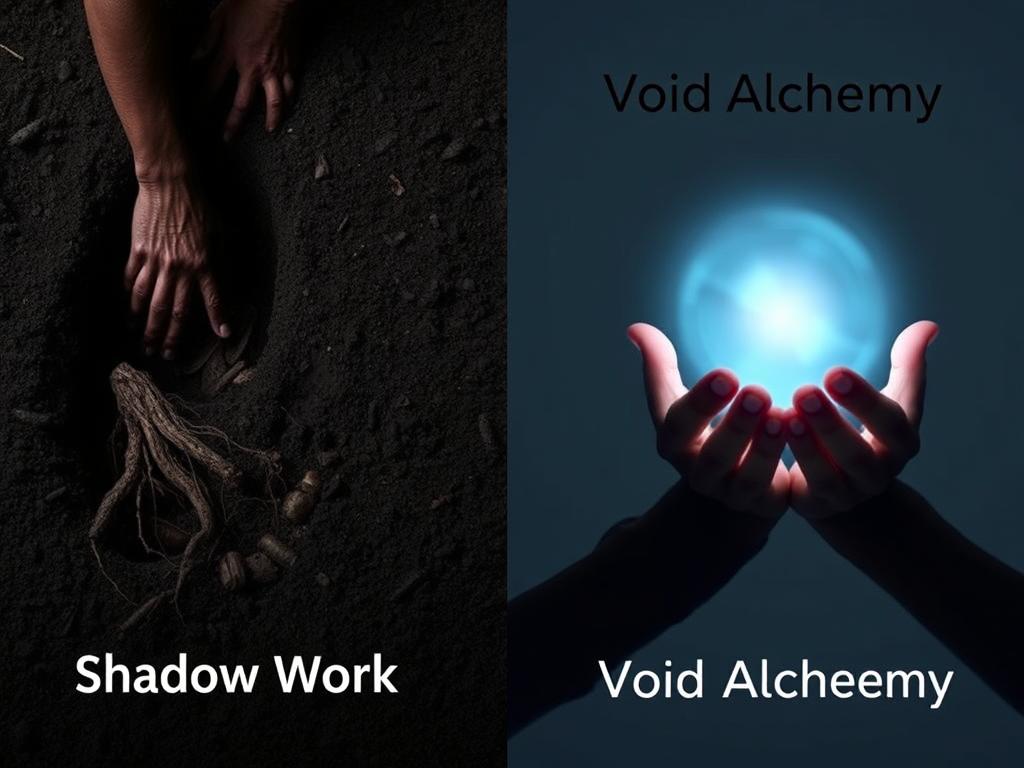 Split image showing shadow work (excavating past trauma) and Void Alchemy (working with formless potential) Split image showing shadow work (excavating past trauma) and Void Alchemy (working with formless potential)