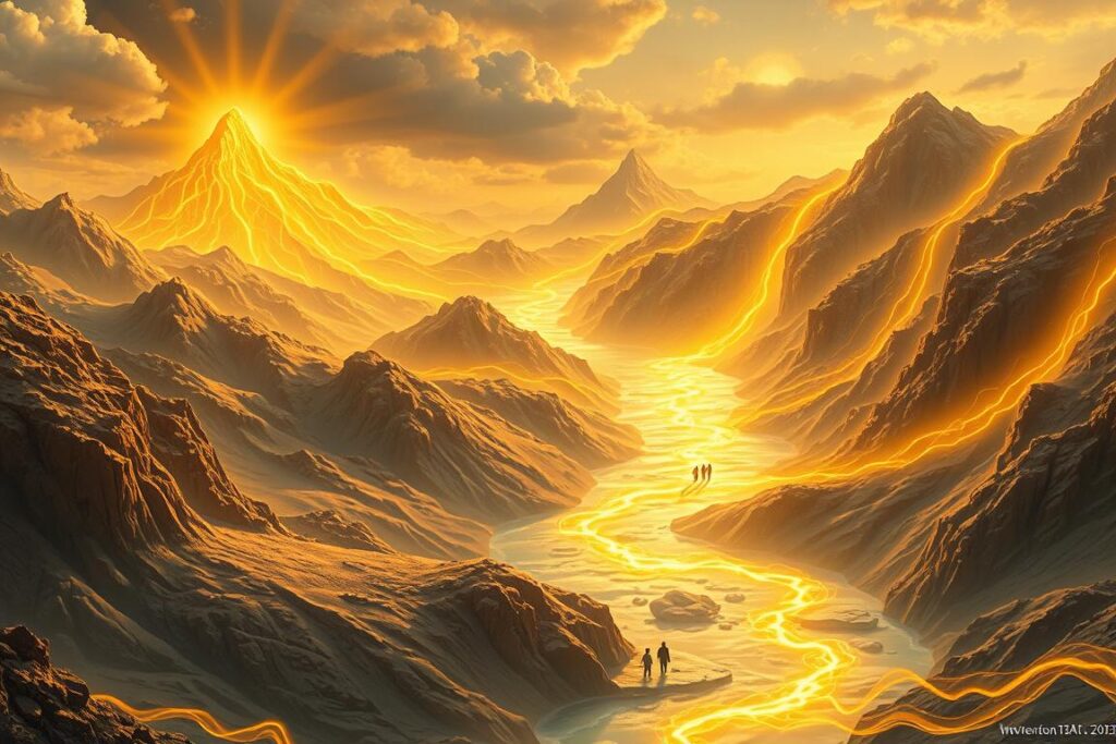 Transforming spiritual landscape with mountains forming and energy currents flowing