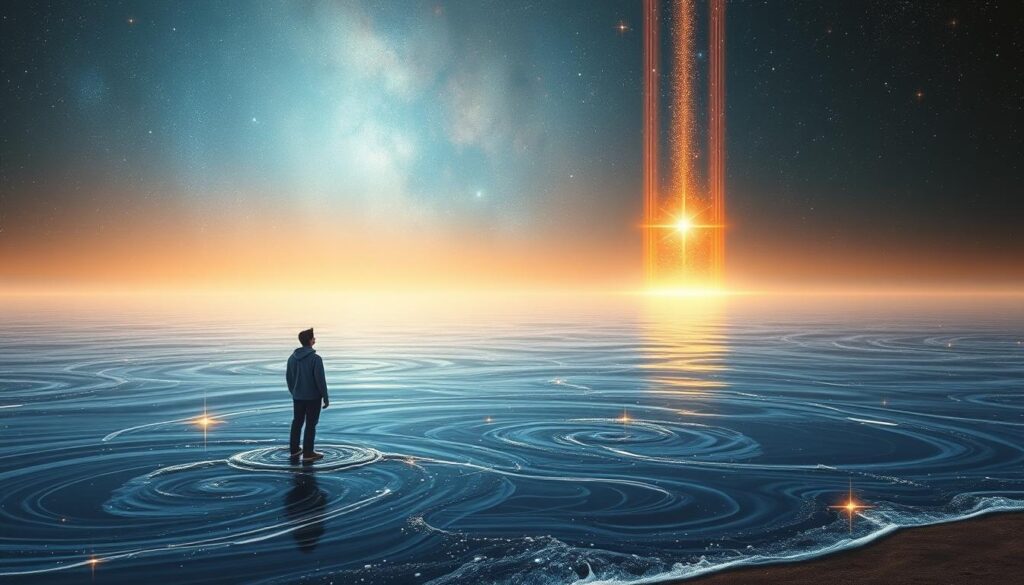 Visualization scene of a person at the shore of a cosmic ocean with Luminous Wayfinders appearing