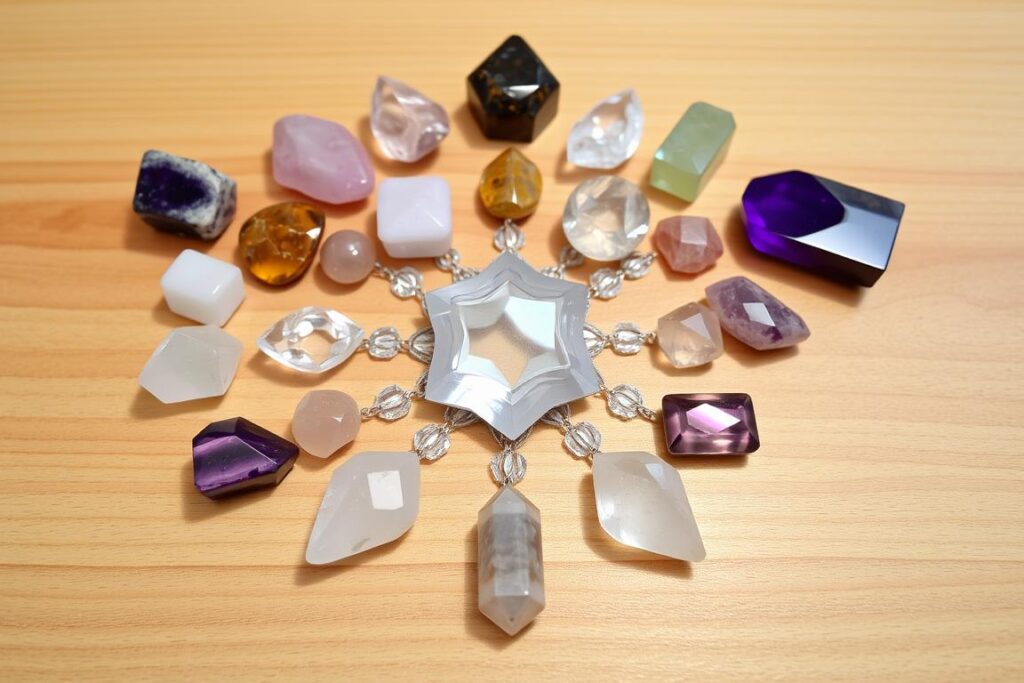 Collection of healing crystals arranged in a sacred geometry pattern with soft natural light Collection of healing crystals arranged in a sacred geometry pattern with soft natural light