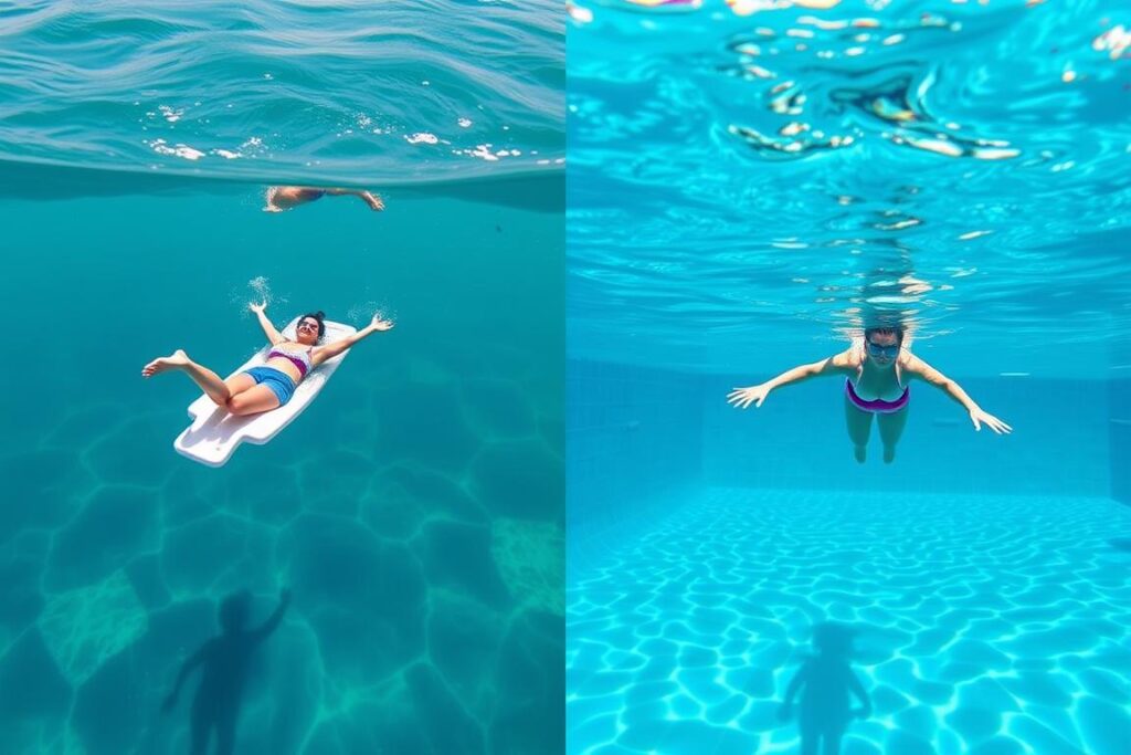 Comparison of person floating in ocean versus swimming pool, showing the unique buoyancy benefits of being in the ocean