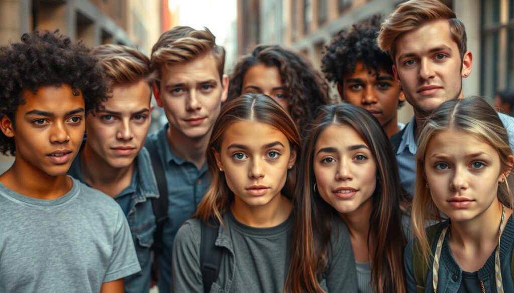 Diverse group of Gen Z individuals with various expressions including the stare Diverse group of Gen Z individuals with various expressions including the stare