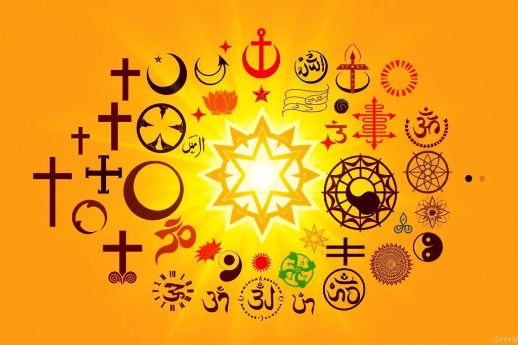 Diverse spiritual symbols unified by divine light, representing universal truth of oneness with Source Creator Diverse spiritual symbols unified by divine light, representing universal truth of oneness with Source Creator