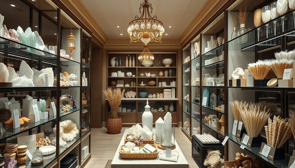Expensive crystal healing products displayed in a luxury wellness boutique Expensive crystal healing products displayed in a luxury wellness boutique