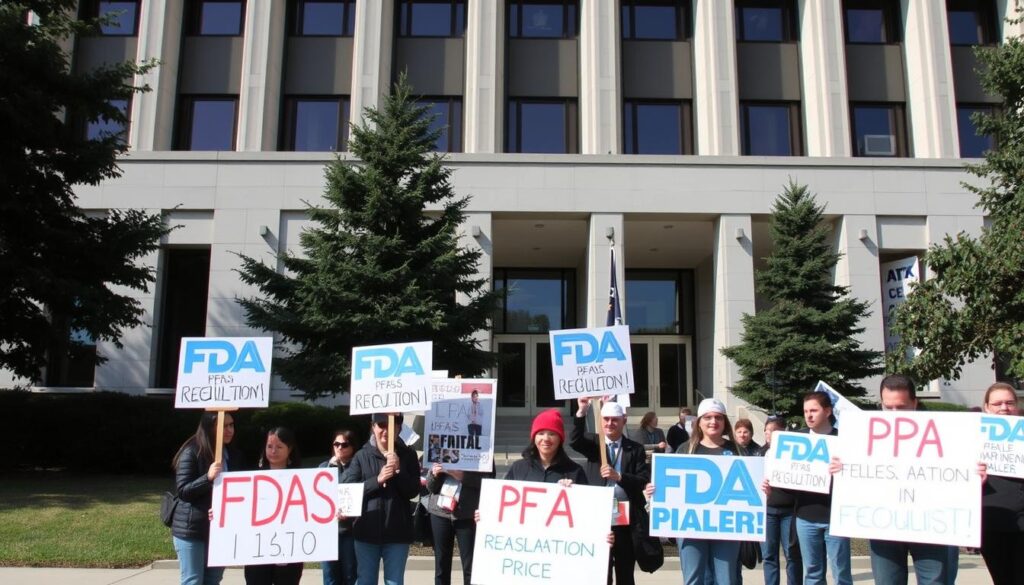 FDA headquarters building with protesters holding signs demanding stricter PFAS regulations FDA headquarters building with protesters holding signs demanding stricter PFAS regulations