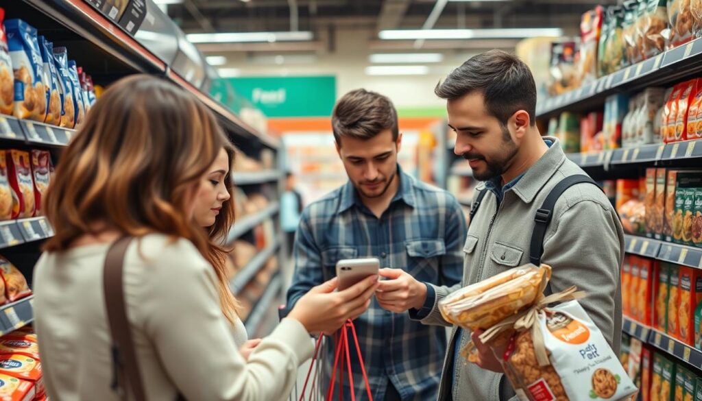 Family shopping for groceries while checking product labels and using a smartphone app to research safer options Family shopping for groceries while checking product labels and using a smartphone app to research safer options