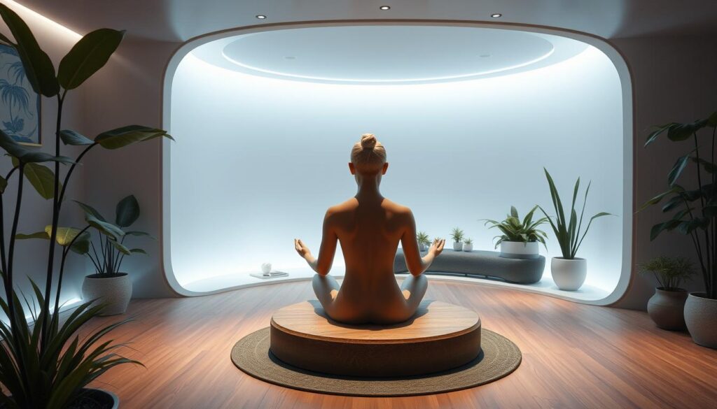 Futuristic meditation space with technology integration and natural elements Futuristic meditation space with technology integration and natural elements