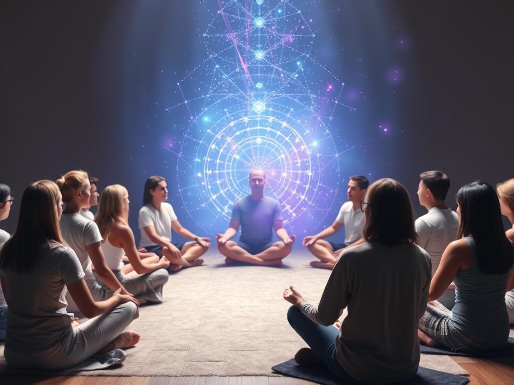 Group meditation circle with visible energy field connecting participants Group meditation circle with visible energy field connecting participants