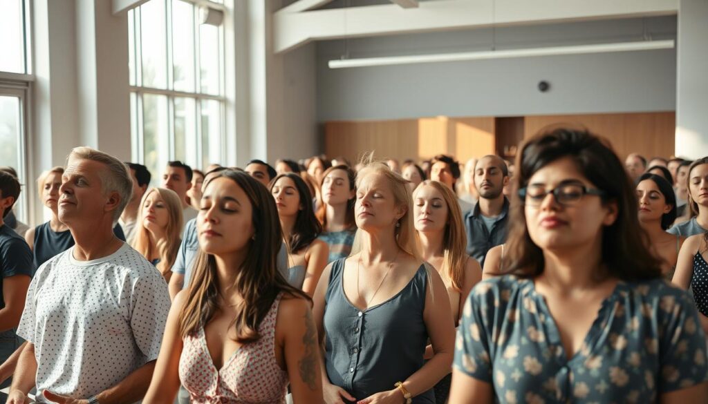 Group meditation event with diverse participants in a modern setting Group meditation event with diverse participants in a modern setting