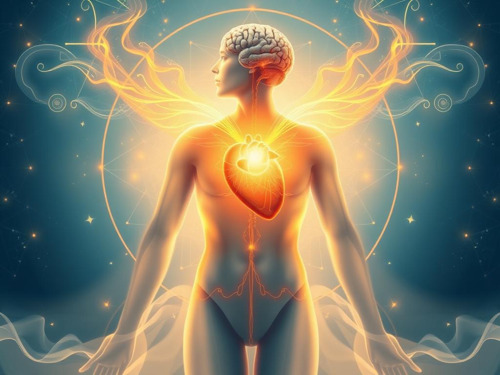 Heart and mind alignment visualization showing energy flowing between heart and brain Heart and mind alignment visualization showing energy flowing between heart and brain