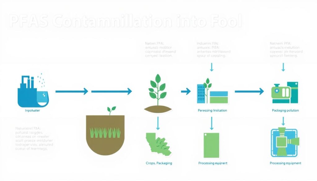Infographic showing the multiple pathways PFAS chemicals take to contaminate food products Infographic showing the multiple pathways PFAS chemicals take to contaminate food products