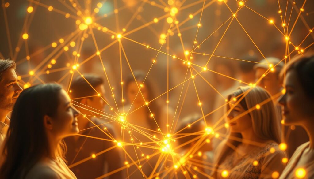 Interconnected web of light connecting diverse people representing collective consciousness during timeline shift Interconnected web of light connecting diverse people representing collective consciousness during timeline shift