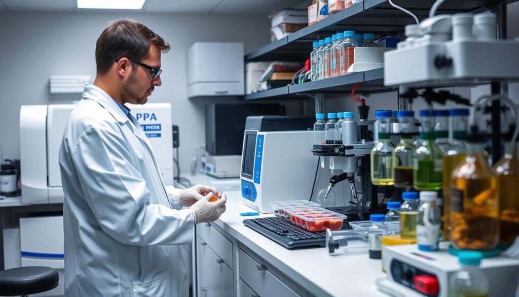 Laboratory equipment used for testing PFAS in food products showing complex analytical instruments Laboratory equipment used for testing PFAS in food products showing complex analytical instruments