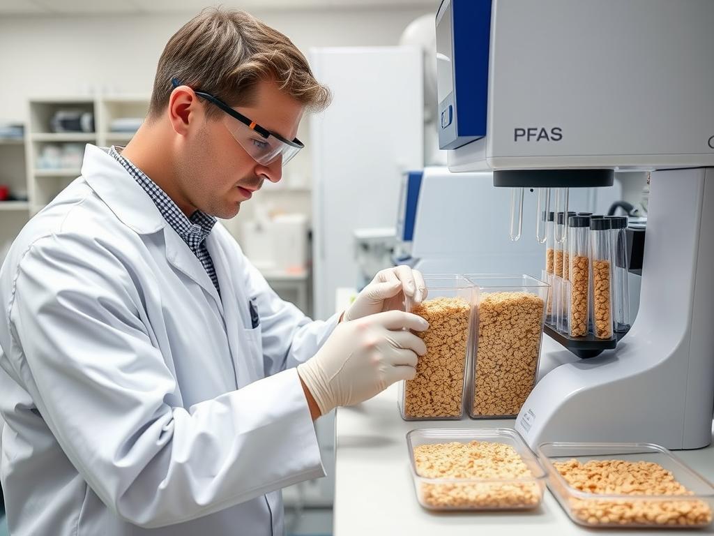 Laboratory technician testing bread and cereal samples for PFAS contamination using specialized equipment Laboratory technician testing bread and cereal samples for PFAS contamination using specialized equipment
