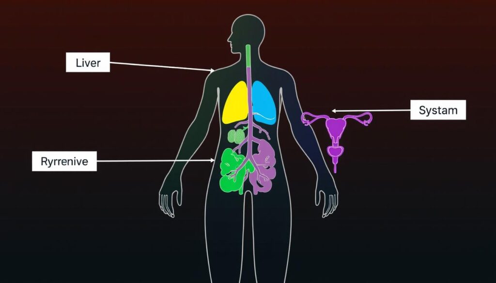 Medical illustration showing how PFAS chemicals affect different body systems Medical illustration showing how PFAS chemicals affect different body systems