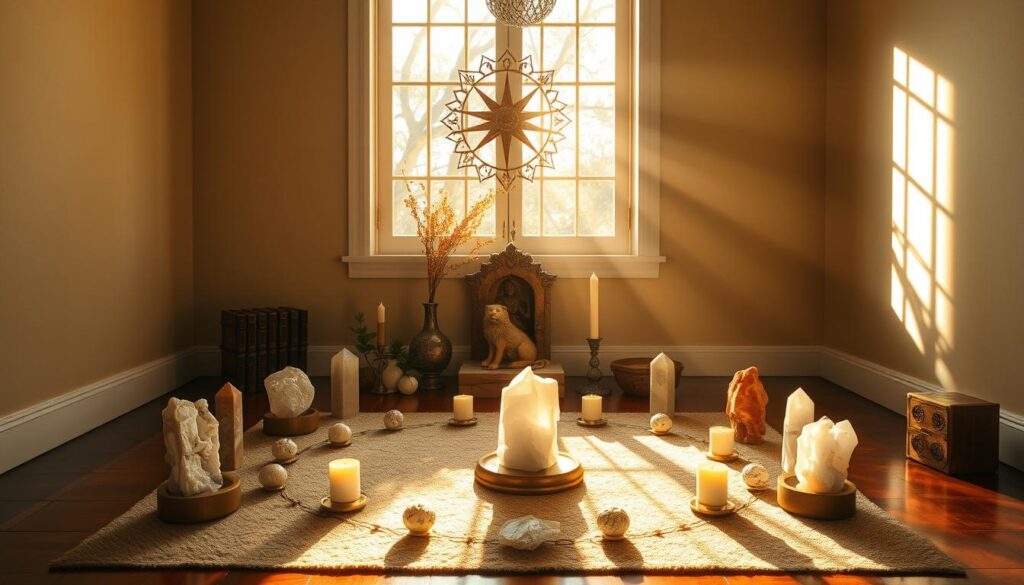 Meditation ritual setup for Lions Gate Portal with crystals Meditation ritual setup for Lions Gate Portal with crystals