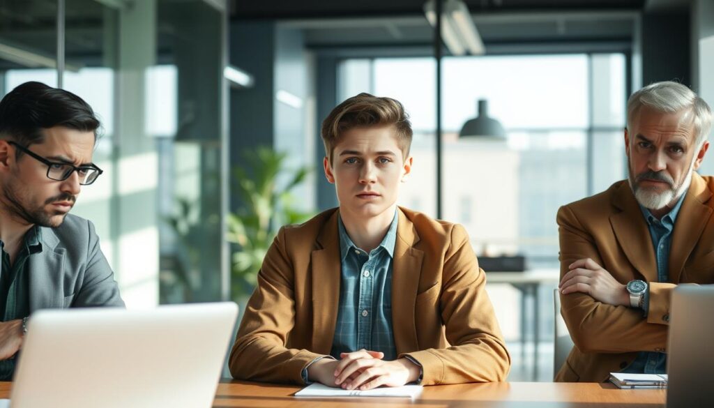Office setting with Gen Z employee giving the stare during a meeting