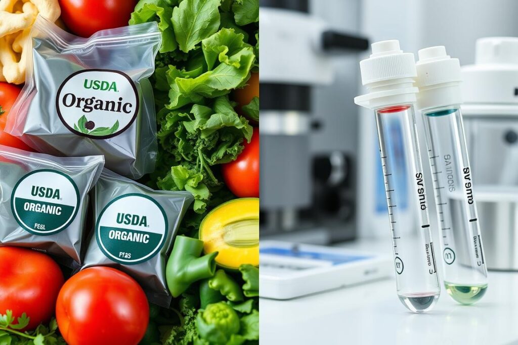 Organic food products with USDA Organic label next to laboratory equipment testing for PFAS contamination Organic food products with USDA Organic label next to laboratory equipment testing for PFAS contamination